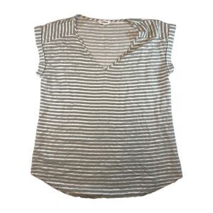 Express Women’s Metallic Stripe Short Sleeve V Neck Top Size M Green Silver